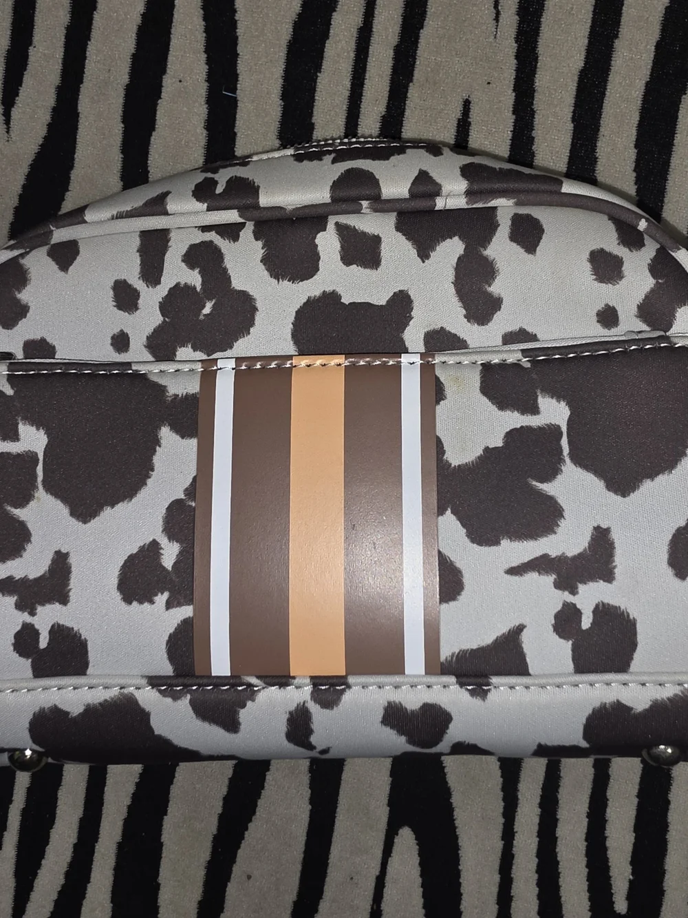 Jen & Co Cow Print Makeup Bag with Removable Pouch - White & Brown